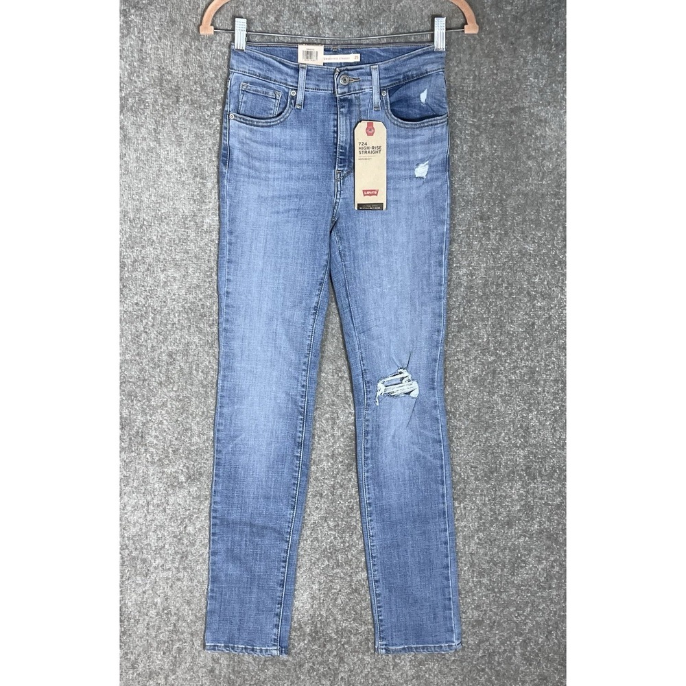 Levis 724 High Rise Straight Jeans Womens Size 25 Blue Distressed Stretch New